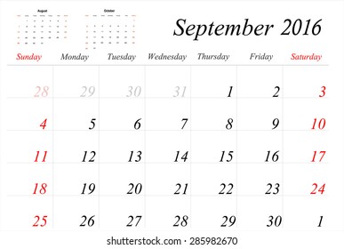 Vector planning calendar September 2016