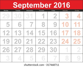 Vector planning calendar September 2016.