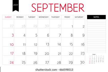 Vector planning calendar of September 2017 with a place for notes. Weeks start on Sunday