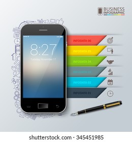 Vector planning of the working day with a mobile phone. Doodles icons set. Infographic template with 6 options, parts, steps or processes.