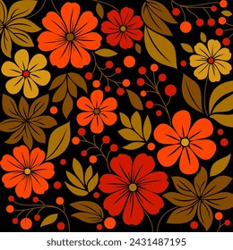 vector plant background in Khokhloma style made of leaves, flowers and berries in gold and red colors on a black background