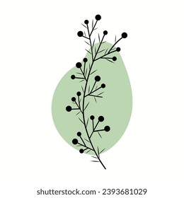 Vector plant with berries on green spot, on isolated background. Linear doodle style. For icons, invitations, labels.