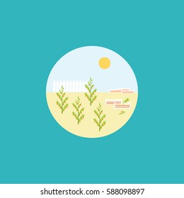 Vector plant flat icon. Garden illustration with plant in circle on blue background.