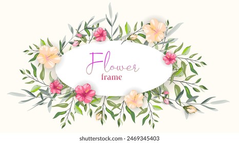 Vector planta floral marco redondo, estilo vintage mínimo. Flores amarillas y rosas con hojas sobre fondo blanco efecto 3d. diseño para postal, tarjeta de felicitación o tarjeta de nombre