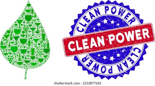 Vector plant leaf icon wine mosaic with grunge bicolor Clean Power seal. Red and blue bicolored stamp with rubber surface and Clean Power word. Plant leaf mosaic icon created with wine glasses,