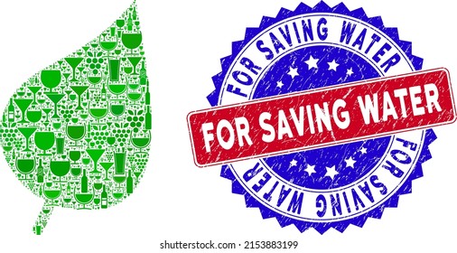 Vector plant leaf icon wine collage and grunge bicolor For Saving Water stamp. Red and blue bicolored imprint with grunge texture and For Saving Water caption.