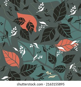 Vector plant leaves dark colourful seamless pattern background.