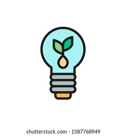 Vector plant with light bulb flat color line icon.