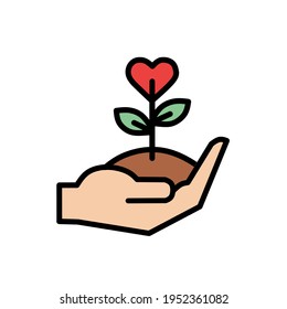 vector plant of love, held by hand, on white background.