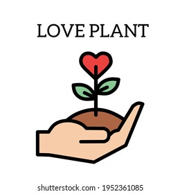 vector plant of love, held by hand, on white background.