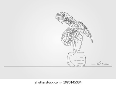 Vector plant monstera in pot. Continuous outline line drawing of nature with stems and leaves monstera. Concept hand drawn vector design. Vector illustration