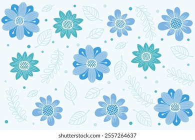 vector plant pattern light blue and light green flowers and leaves on a light background, hand drawn in a cute naive style