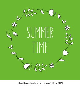 Vector plant round frame. Hand-drawn floral design with sample text. For greeting card, text can be added.