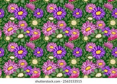 vector plant seamless pattern. botanical, natural pattern. flowers and leaves in ornament. dark green background and pink and purple aster flowers. summer dynamic pattern