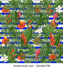 Vector plant seamless pattern with hibiscus,palm branch,monstera green  leaves,flowers on a striped blue and white background white background.Tropical,exotic  texture