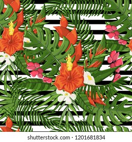 Vector plant seamless pattern with hibiscus,palm branch,monstera green leaves,flowers on a striped black and white background .Tropical,exotic texture