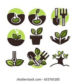 Iconos vectoriales de plantas vectoriales y árboles para jardinería o plantación