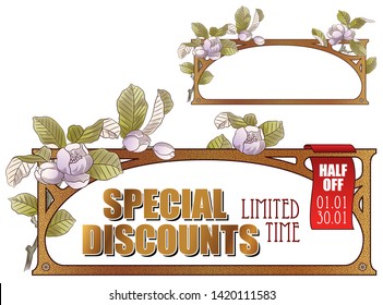 Vector plant vignette for labels, banner, sticker, tattoo and other design. Blooming sakura.