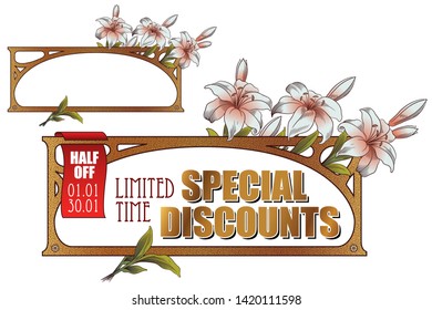 Vector plant vignette for labels, banner, sticker, tattoo and other design. Blooming tree.