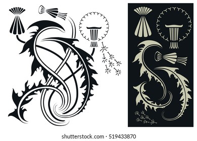 Vector plant vignette for labels, banner, sticker and other design. dandelion, blowball, taraxacum