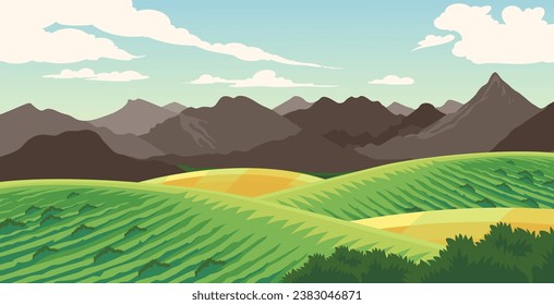 vector plantation design with meadows on beautiful mountains background