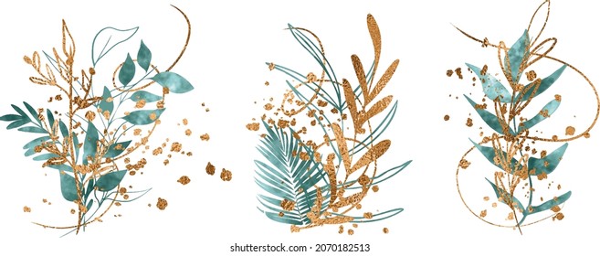 Vector plants and grasses in gold style with gloss effects and and gold paint splatters. Minimalist style of hand drawn plants. With leaves and organic shapes. For your own design.