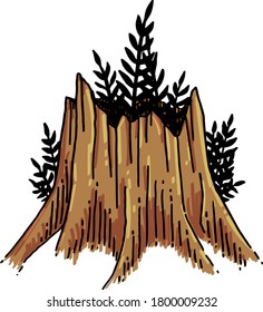 Las plantas vectoriales crecen a partir de un viejo trozo en el bosque.