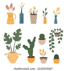 Ilustración de plantas vectoriales. Conjunto botánico de flores y plantas.