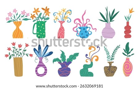 Vector Plants, leaves and flowers with flat 2d illustration. Hand Drawing ceramic with decorative pattern pots and vases