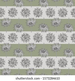 Vector Plants on Gray and Green Stripes Seamless Repeat Pattern. Background for textiles, cards, manufacturing, wallpapers, print, gift wrap and scrapbooking.