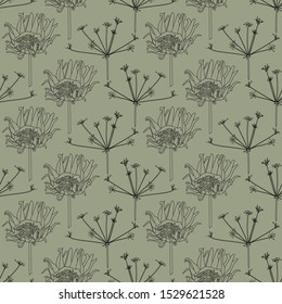 Vector Plants on Sage Green Background Seamless Repeat Pattern. Background for textiles, cards, manufacturing, wallpapers, print, gift wrap and scrapbooking.