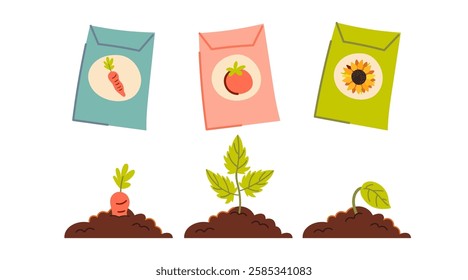 Vector plants seedlings and seeds spring seasonal flat style collection Isolated. Home vegetables and flowers gardening crops hobby illustrations set.