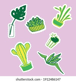 Vector plants stickers. Green Cacti and others plants in doodle style. Monstera leaves. Spring set. 