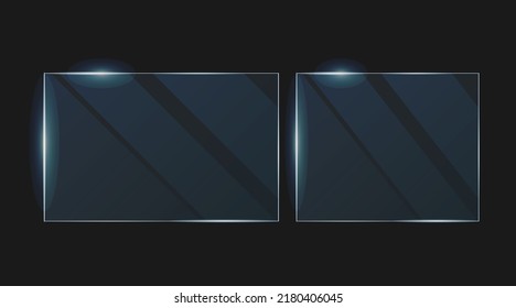 Vector de plástico y vidrio acrílico con reflexión de luz de resplandor en el borde del marco. Ventana, pantalla o placa con efecto brillante sobre un fondo azul oscuro transparente. 