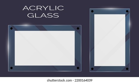 Vector plastic and acrylic glass mockup with glow light reflection on the edge of frame. Window, screen or plate  with shiny glare effect on a transparent dark blue background. 