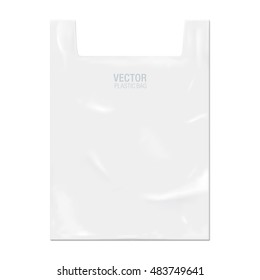 Vector Plastic Bag Template Isolated On Background. White Plastic Bag Realistic Mockup.