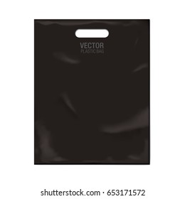 Vector Plastic Bag Template Isolated On Background. Black Plastic Bag Realistic Mockup.