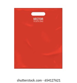 Vector Plastic Bag Template Isolated On Background. Red Plastic Bag Realistic Mockup.