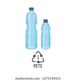 Vector plastic bottles PETE mark icon. Blue clean container for bottled mineral water, fresh beverage or juice that can be recycled. Sport drink empty bottle packaging. Isolated illustration