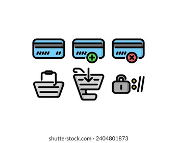 Vector plastic card icons; e-commerce icons; shopping cart icons