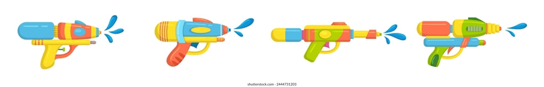 Vector plastic children's toy water gun icons set isolated on white background. Multi-colored cartoon summer pistols collection. Songkran festival traditional game illustration.