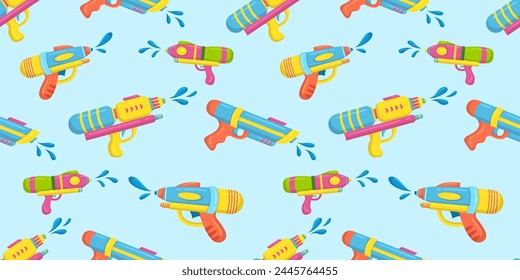 Pistola de agua de juguete de plástico de Vector para niños sobre fondo azul patrón sin fisuras. Estampado de Fondo de pantalla para niños. Textil, tela, envoltura. Anuncio del festival Songkran.