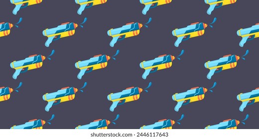 Pistola de agua de juguete de plástico de Vector para niños sobre fondo azul patrón sin fisuras. Estampado de Fondo de pantalla para niños. Textil, tela, envoltura. Anuncio del festival Songkran.