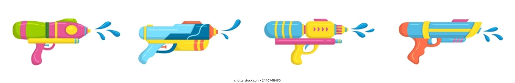 Vector de plástico de los niños de juguete de agua de pistolas de iconos conjunto aislado sobre fondo blanco. Colección de pistolas de verano de dibujos animados multicolores. Ilustración de juego tradicional del festival Songkran.