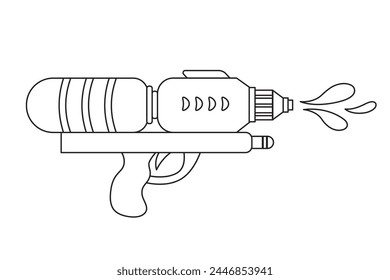 Icono de contorno de pistola de agua de juguete de plástico de Vector aislado sobre fondo blanco. Pistola de verano de línea para colorear libros. Ilustración de juego tradicional del festival Songkran.