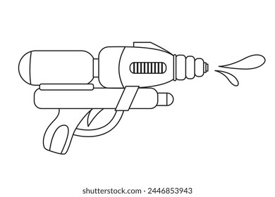 Vector plastic children's toy water gun outline icon isolated on white background. Line summer pistol for coloring books. Songkran festival traditional game illustration.