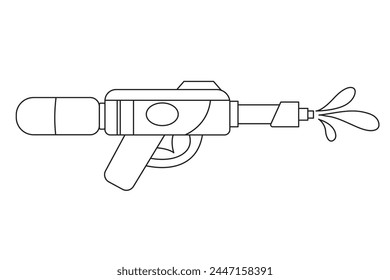 Icono de contorno de pistola de agua de juguete de plástico de Vector aislado sobre fondo blanco. Pistola de verano de línea para colorear libros. Ilustración de juego tradicional del festival Songkran.