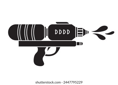 Vector plastic children's toy water gun shape icon isolated on white background. Black silhouette summer pistol element. Songkran festival traditional game illustration