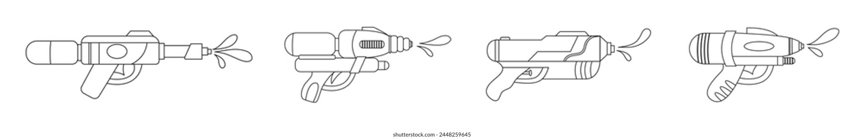 Vector plastic children's toy water gun outline icons set isolated on white background. Line summer pistols collection. Songkran festival traditional game illustration