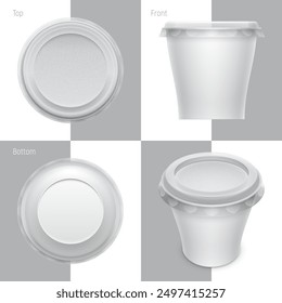 Vector plastic container in the form of a goblet with foil and transparent lid for cosmetics cream, yoghurt or melted cheese. Set of various views. Packaging template illustration.